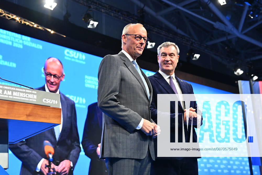 Chancellor Friedrich MERZ and Markus SOEDER, Minister-President of Bavaria and CSU Chairman, on the podium at the 2026 CSU Party Convention on October 23 and 24, 2026, at the Munich Trade Fair Grounds