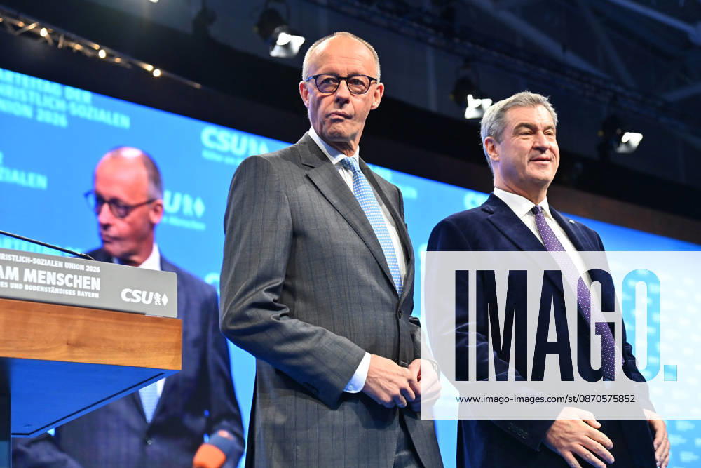 Chancellor Friedrich MERZ and Markus SOEDER, Minister-President of Bavaria and CSU Chairman, on the podium at the 2026 CSU Party Convention on October 23 and 24, 2026, at the Munich Trade Fair Grounds