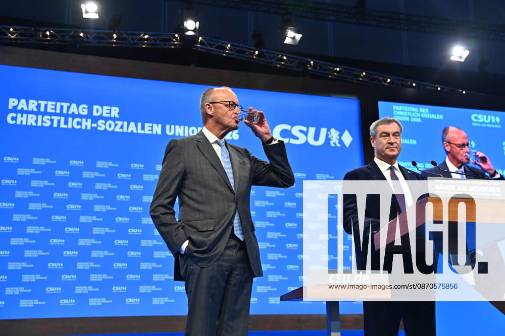 Chancellor Friedrich MERZ and Markus SOEDER, Minister-President of Bavaria and CSU Chairman, on the podium at the 2026 CSU Party Convention on October 23 and 24, 2026, at the Munich Trade Fair Grounds