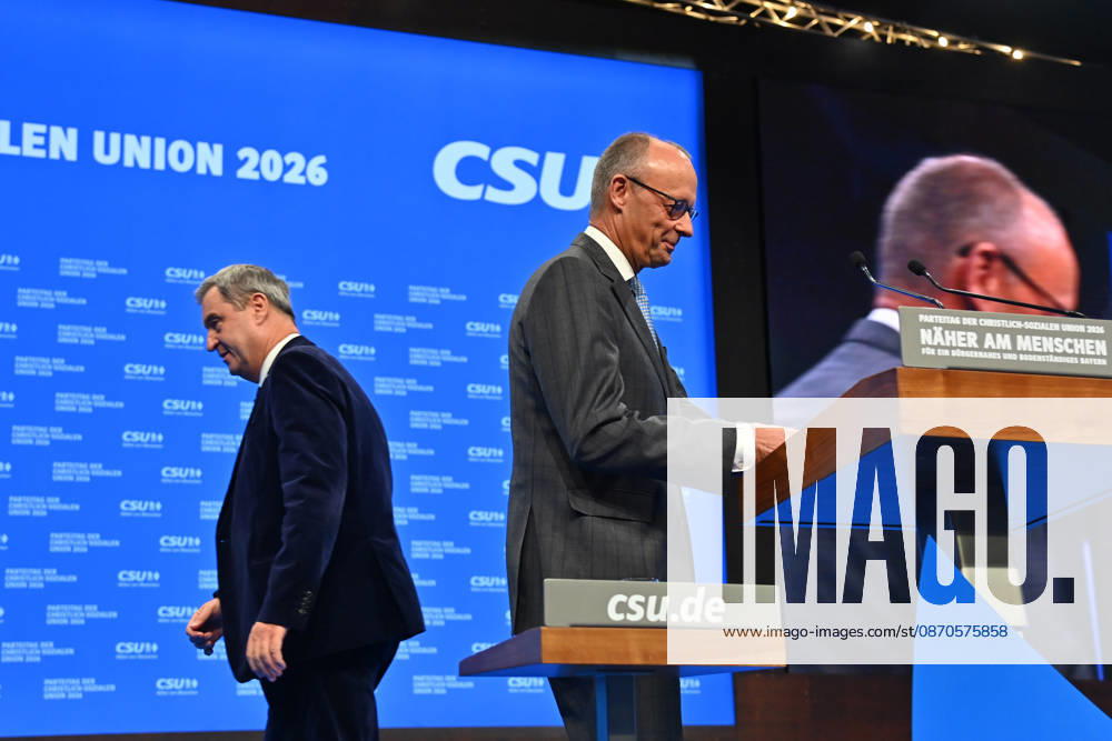 Chancellor Friedrich MERZ and Markus SOEDER, Minister-President of Bavaria and CSU Chairman, on the podium at the 2026 CSU Party Convention on October 23 and 24, 2026, at the Munich Trade Fair Grounds