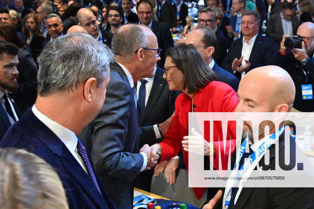 Chancellor Friedrich MERZ welcomes Ilse AIGNER, President of the Bavarian State Parliament, to the 2026 CSU Party Convention on October 23 and 24, 2026, at the Munich Trade Fair Grounds