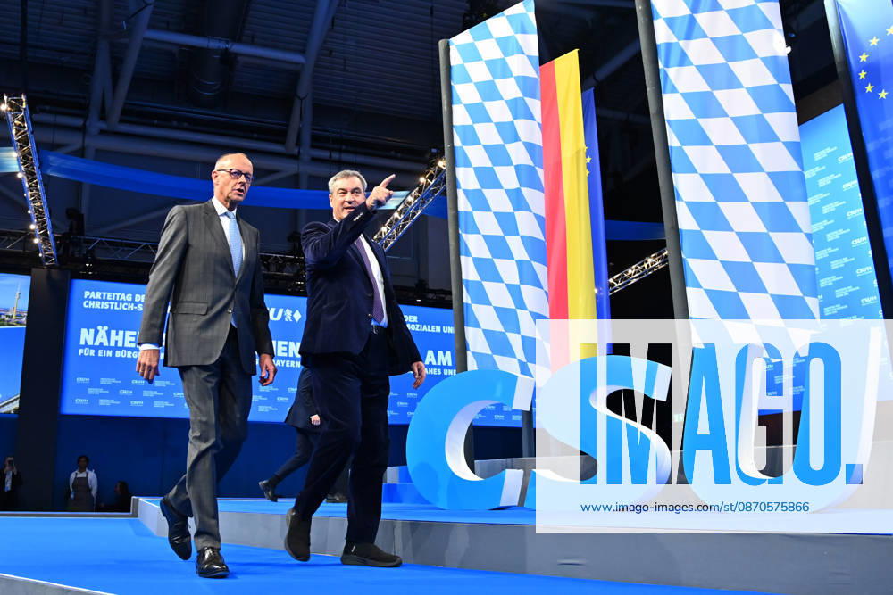 Chancellor Friedrich MERZ and Markus SOEDER, Minister-President of Bavaria and CSU Chairman, take the stage next to the CSU logo at the 2026 CSU Party Convention on October 23 and 24, 2026, at the Munich Trade Fair Center