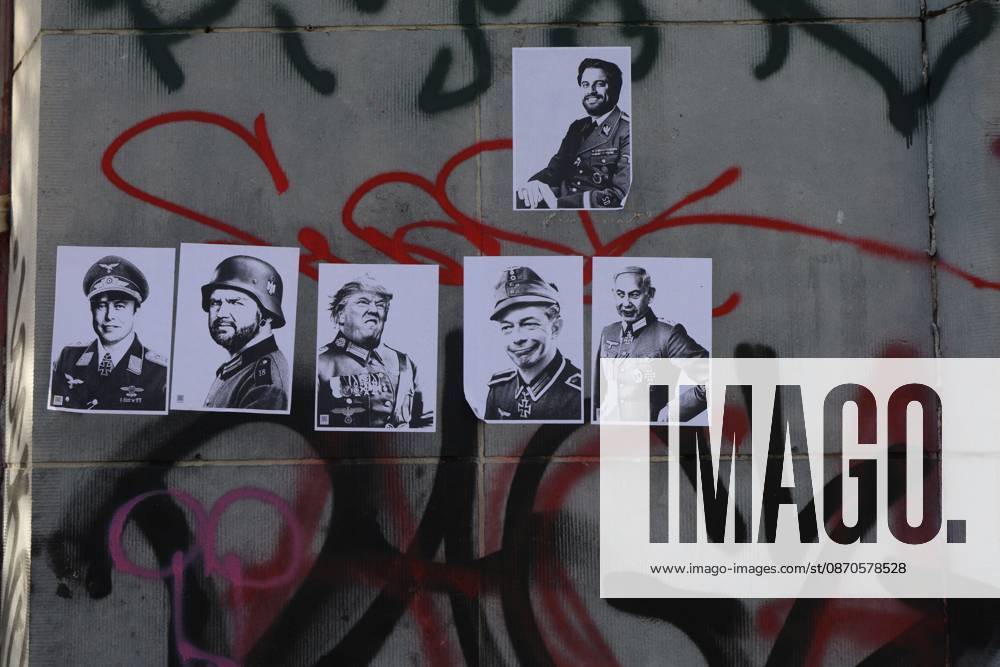 This image show pictures of world leaders on a wall after a call for protests in Brussels for purchasing power, healthcare, and education, on Saturday 24 October 2026. NICOLASxMAETERLINCK 190856270