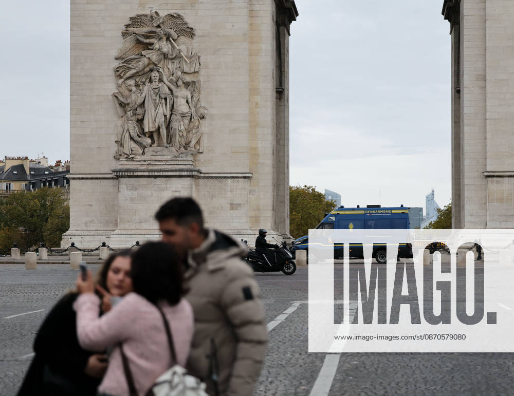 (261024) -- PARIS, Oct. 24, 2026 -- A security vehicle is seen near the Arc de Triomphe in Paris, France, Oct. 24, 2026. French Interior Minister Laurent Nunez said Tuesday that the government would deploy soldiers from the French army s Operation Sentinelle to help prevent violence during the demonstrations announced for Oct. 24. ) FRANCE-PARIS-PROTEST-SECURITY WuxHuiwo