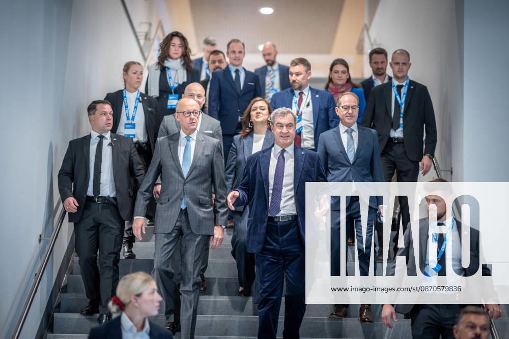 Chancellor Friedrich Merz speaks here alongside CSU Party Chairman Markus Söder on their way to Exhibition Hall C6 at the CSU Party Convention in Munich, with Franziska Hoppermann, Alexander Dobrindt, and Alexander Hoffmann. CSU Party Convention in Munich, Munich, Bavaria, Germany, Munich Exhibition Center