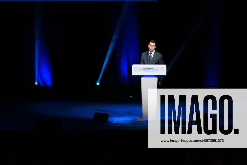 XIXth Congress French Far-right Party RN - Orleans President of French far-right party Rassemblement National RN Jordan Bardella on stage during the XIXth Congress of Rassemblement National RN, in Orleans, France on October 24 2026. Photo by Franck Castel ABACAPRESS.COM Orleans France