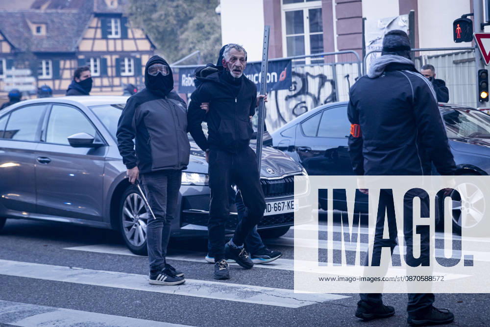 Demonstration and clashes between protesters and police in Strasbourg STRASBOURG, FRANCE - OCTOBER 24: Protesters clash with law enforcement officers during a demonstration in the city centre of Strasbourg, France on October 24, 2026. Police officers intervene to disperse groups of protesters as tear gas is deployed. Clashes, projectile throwing and property damage are reported in several streets. Barricades and burning vehicles reflect the tense situation surrounding the protest. Elyxandro Cegarra Anadolu Strasbourg France. Editorial use only. Please get in touch for any other usage.