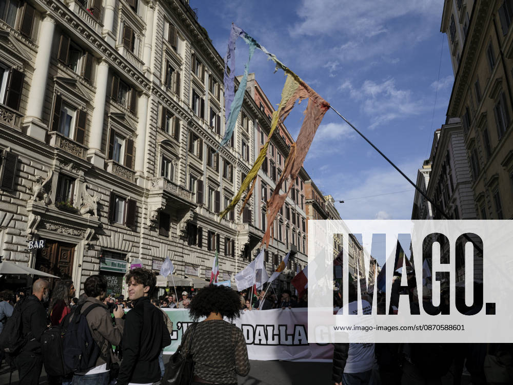 Rome Anti-War Demonstration Rome, Italy, October 24, 2026. Demonstrators take part in an anti-war march, under the slogan Fuori lItalia dalla guerra (Keep Italy Out of the War). Protesters, opposing Italys involvement in wars, military rearmament and the Italian governments policies. Rome Italy