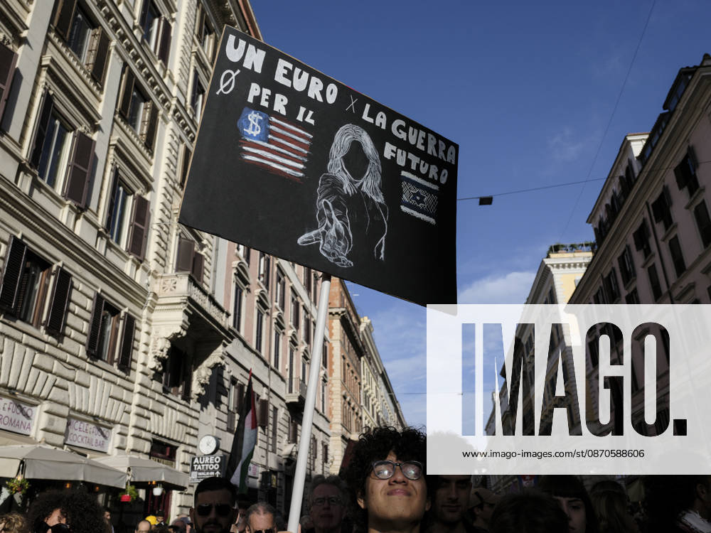 Rome Anti-War Demonstration Rome, Italy, October 24, 2026. Demonstrators take part in an anti-war march, under the slogan Fuori lItalia dalla guerra (Keep Italy Out of the War). Protesters, opposing Italys involvement in wars, military rearmament and the Italian governments policies. Rome Italy
