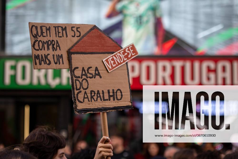 A house-shaped placard is displayed during a nationwide protest against rising housing costs and the housing crisis. Porto Portugal - ZUMAs197 20261024_aaa_s197_392