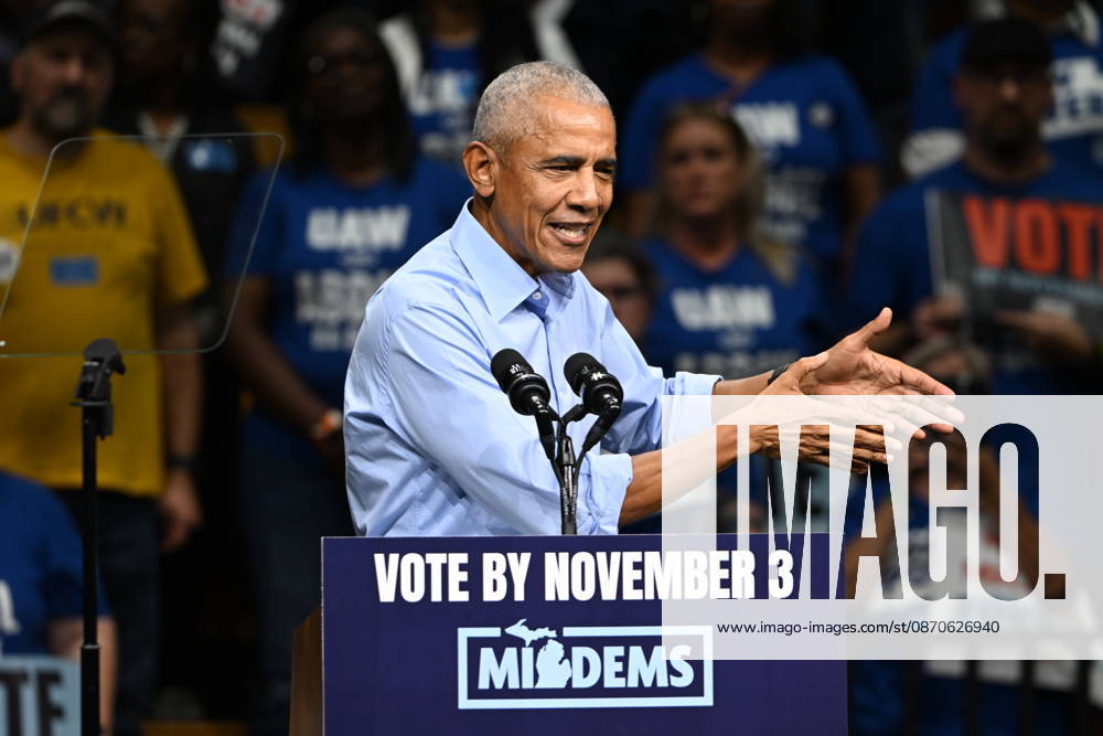Former United States President Barack Obama, speaks at a Democratic candidates rally at Cass Technical High School in Detroit, Michigan, USA on Saturday, October 24, 2026. Winning US Senate and US House races in the swing state of Michigan is central to Democratic hopes to wrest power in both chambers of the US Congress from the Republicans.