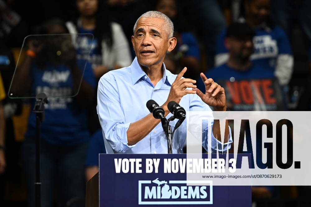 Former United States President Barack Obama, speaks at a Democratic candidates rally at Cass Technical High School in Detroit, Michigan, USA on Saturday, October 24, 2026. Winning US Senate and US House races in the swing state of Michigan is central to Democratic hopes to wrest power in both chambers of the US Congress from the Republicans.