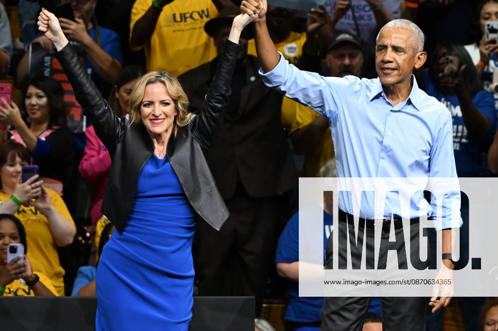 Secretary of State Jocelyn Benson, Democratic Nominee for Governor of the State of Michigan, left, and former US President Barack Obama together after speaking at a Democratic candidates rally at Cass Technical High School in Detroit, Michigan, USA on Saturday, October 24, 2026. Winning US Senate and US House races in the swing state of Michigan is central to Democratic hopes to wrest power in both chambers of the US Congress from the Republicans.