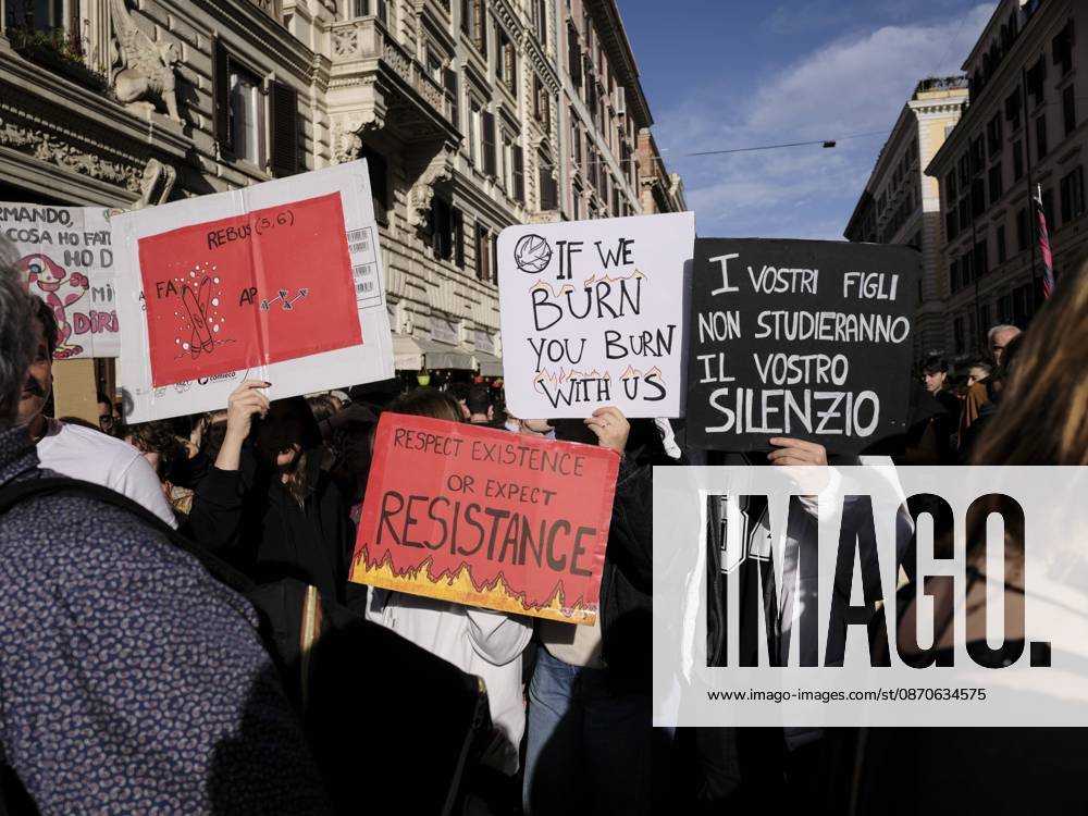 Rome Anti War Protest Demonstrators hold placards during an anti-war protest in Rome, Italy on October 24, 2026. Demonstrators took part in an anti-war march under the slogan Keep Italy Out of the War . Protesters further voiced opposition to Italy s involvement in armed conflicts, military rearmament and government policies. Rome Lazio Italy