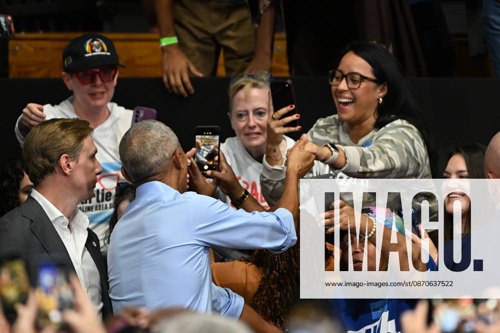 Former United States President Barack Obama greets supporters after speaking at a Democratic candidates rally at Cass Technical High School in Detroit, Michigan, USA on Saturday, October 24, 2026. Winning US Senate and US House races in the swing state of Michigan is central to Democratic hopes to wrest power in both chambers of the US Congress from the Republicans.