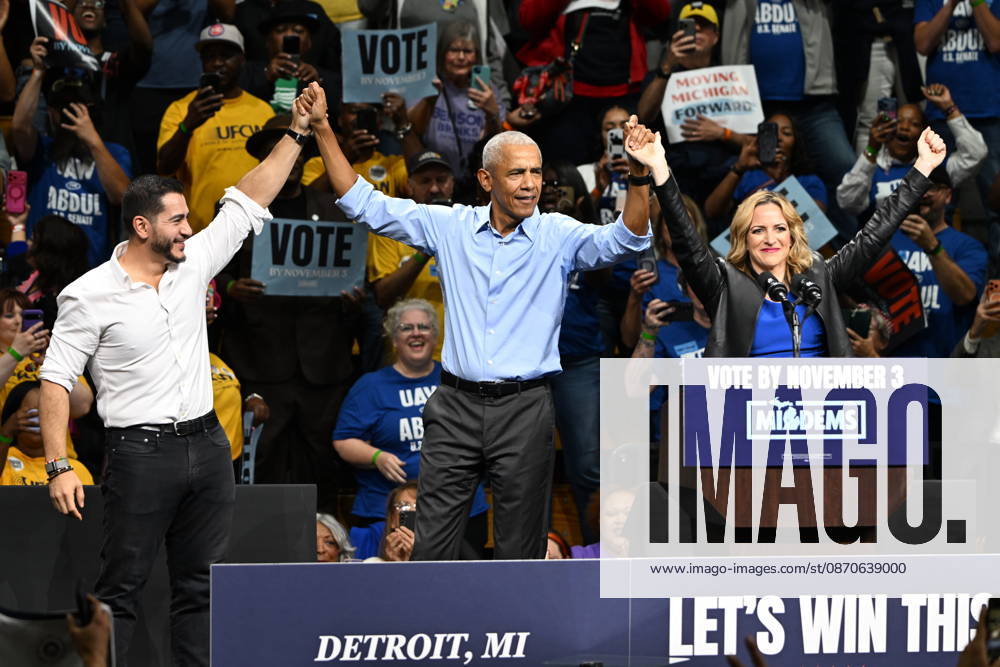 From left to right: Abdul El-Sayed, Democratic Nominee for United States Senate from Michigan; former US President Barack Obama; and Secretary of State Jocelyn Benson, Democratic Nominee for Governor of the State of Michigan, together after speaking at a Democratic candidates rally at Cass Technical High School in Detroit, Michigan, USA on Saturday, October 24, 2026. Winning US Senate and US House races in the swing state of Michigan is central to Democratic hopes to wrest power in both chambers of the US Congress from the Republicans.