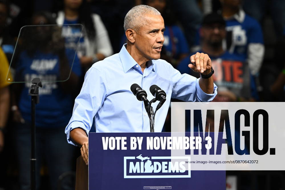 Former United States President Barack Obama, speaks at a Democratic candidates rally at Cass Technical High School in Detroit, Michigan, USA on Saturday, October 24, 2026. Winning US Senate and US House races in the swing state of Michigan is central to Democratic hopes to wrest power in both chambers of the US Congress from the Republicans.