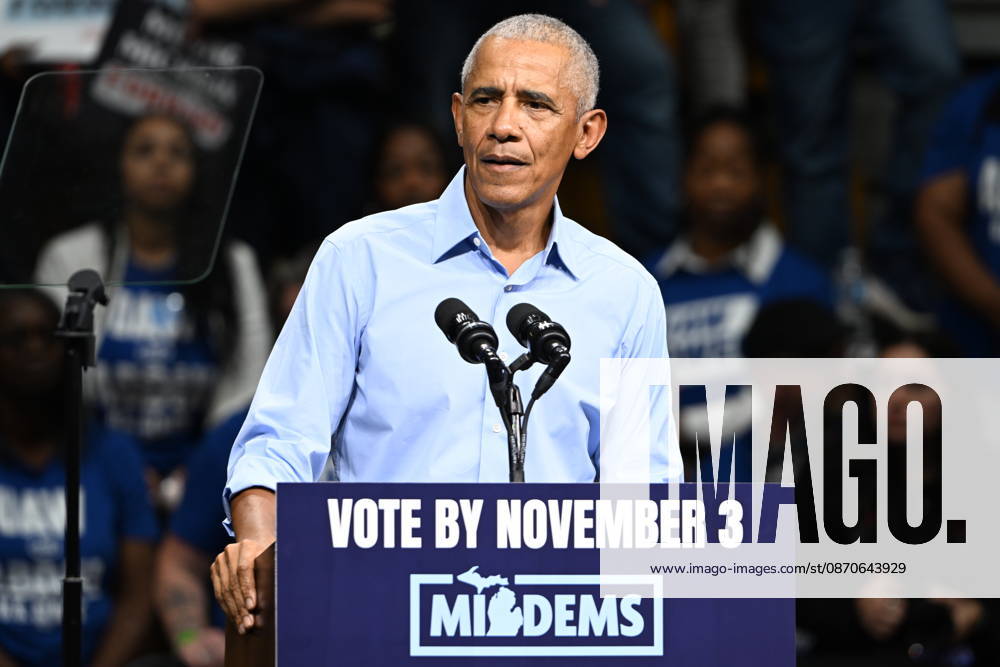 Former United States President Barack Obama, speaks at a Democratic candidates rally at Cass Technical High School in Detroit, Michigan, USA on Saturday, October 24, 2026. Winning US Senate and US House races in the swing state of Michigan is central to Democratic hopes to wrest power in both chambers of the US Congress from the Republicans.