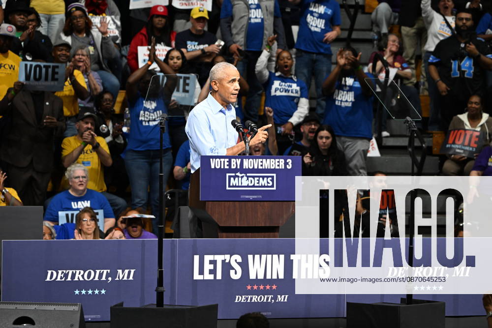 Former United States President Barack Obama, speaks at a Democratic candidates rally at Cass Technical High School in Detroit, Michigan, USA on Saturday, October 24, 2026. Winning US Senate and US House races in the swing state of Michigan is central to Democratic hopes to wrest power in both chambers of the US Congress from the Republicans.