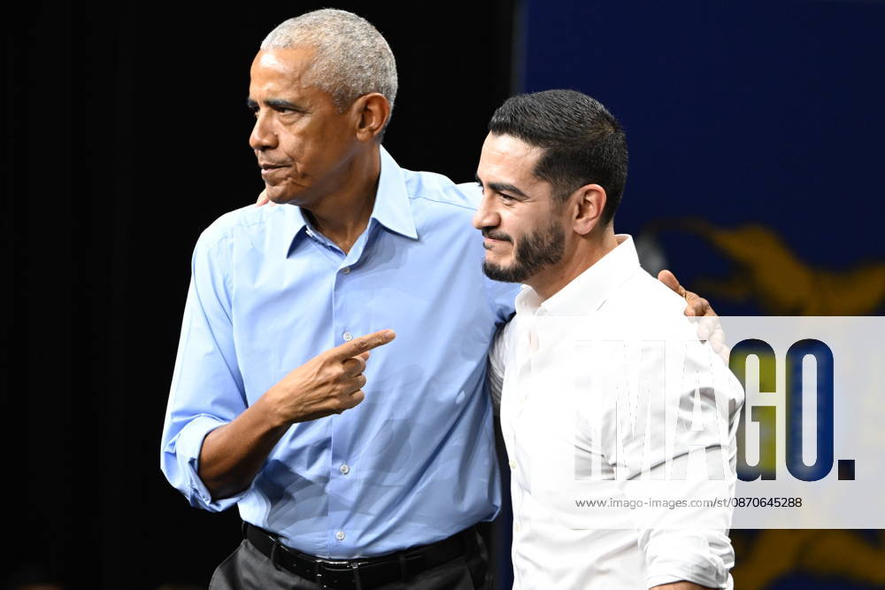 Former United States President Barack Obama hugs Abdul El-Sayed, Democratic Nominee for US Senate from Michigan, prior to speaking at a Democratic candidates rally at Cass Technical High School in Detroit, Michigan, USA on Saturday, October 24, 2026. Winning US Senate and US House races in the swing state of Michigan is central to Democratic hopes to wrest power in both chambers of the US Congress from the Republicans.