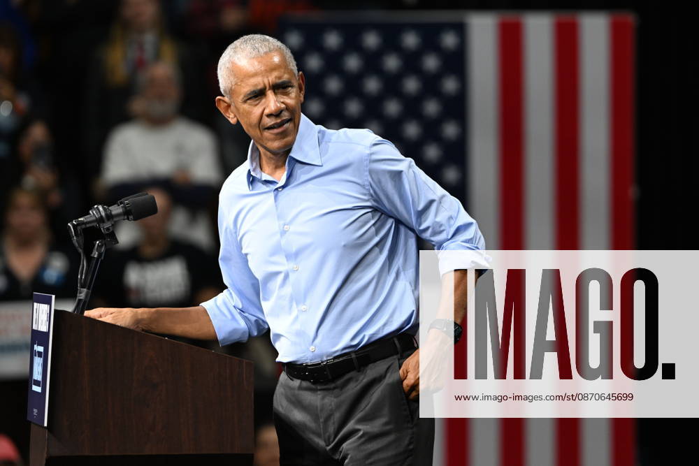 Former United States President Barack Obama, speaks at a Democratic candidates rally at Cass Technical High School in Detroit, Michigan, USA on Saturday, October 24, 2026. Winning US Senate and US House races in the swing state of Michigan is central to Democratic hopes to wrest power in both chambers of the US Congress from the Republicans.