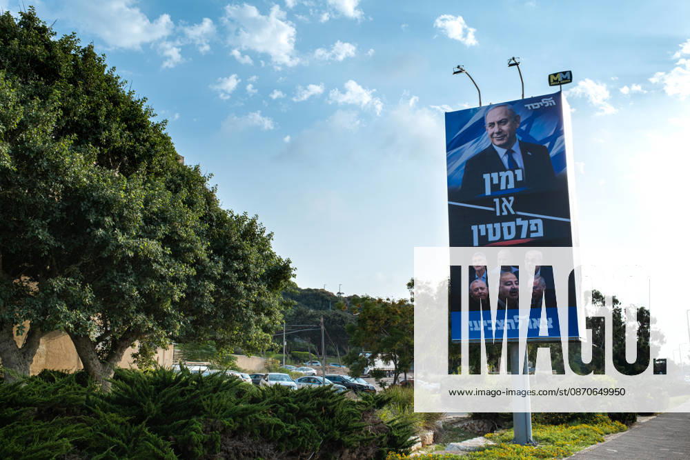 2026 Elections in Israel, Haifa, October 24, 2026. A large-format election poster for Benjamin Netanyahu’s Likud Party on a highway. The slogan reads: The Right or Palestine—Go Vote. Below it are portraits of the political opposition: Yair Golan (The Democrats), Naftali Bennett (BeYachad), Ah