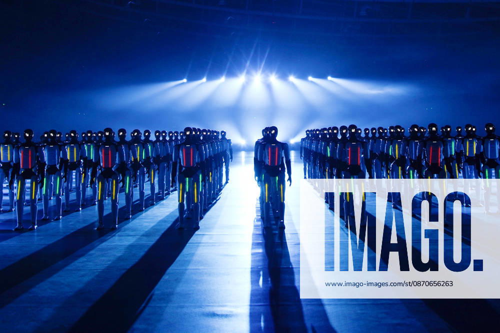 One hundred and ten domestic humanoid robots perform a synchronized dance to set the Guinness World Record for most robots dancing simultaneously at Jinan Yellow River International Convention and Exhibition Center on October 24, 2026 in Jinan, Shandong Province of China.