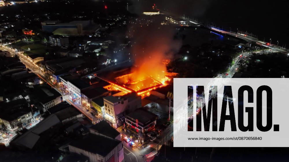 (261025) -- SORSOGON, Oct. 25, 2026 -- An aerial drone photo shows a burning public market in Sorsogon city of southern Luzon, the Philippines, on Oct. 25, 2026. Five people have been confirmed dead after a fire in a public market here on Saturday night, local media reported Sunday. ( Handout via Xinhua) (SpotNews) PHILIPPINES-SORSOGON-PUBLIC MARKET-FIRE SorsogonxPublicxInformationxOffice