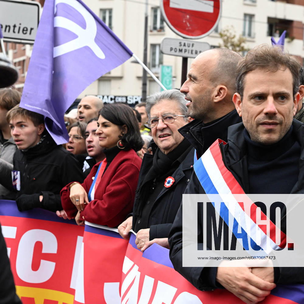 Politics At Yellow Vests Protest Act II - Paris Aurelie Trouve, French leftist party La France Insoumise (LFI) candidate in France s 2027 Presidential election Jean-Luc Melenchon and French leftist party La France Insoumise (LFI) group MP Manuel Bompard during a demonstration in favor of purchasing power, the protection of public services, and fiscal and social justice, as part of a nationwide call for mobilisation bringing together former members of the Yellow Vest movement, labor unions, high school and university students. in Paris on October 24, 2026 Photo Ait Adjedjou Karim ABACAPRESS.COM Paris France