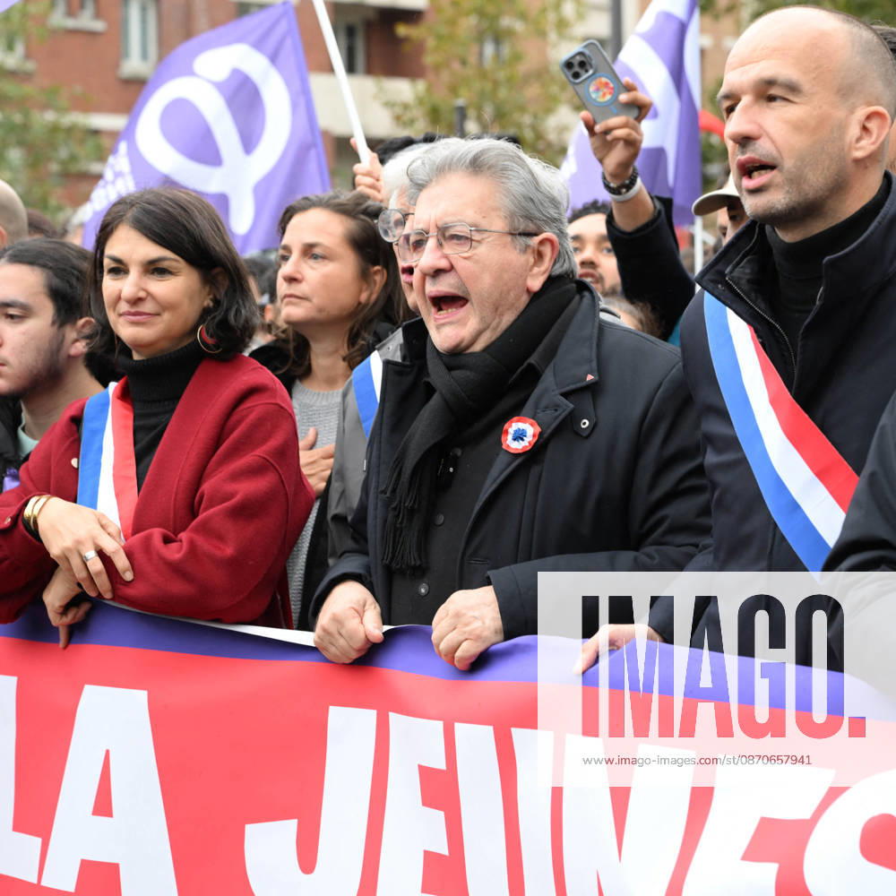 Politics At Yellow Vests Protest Act II - Paris Aurelie Trouve, French leftist party La France Insoumise (LFI) candidate in France s 2027 Presidential election Jean-Luc Melenchon and French leftist party La France Insoumise (LFI) group MP Manuel Bompard during a demonstration in favor of purchasing power, the protection of public services, and fiscal and social justice, as part of a nationwide call for mobilisation bringing together former members of the Yellow Vest movement, labor unions, high school and university students. in Paris on October 24, 2026 Photo Ait Adjedjou Karim ABACAPRESS.COM Paris France