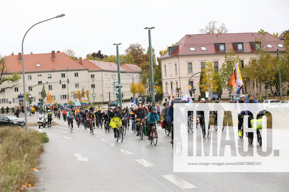 Protesters ride down Nuthestraße heading out of town during Bike Pride in Potsdam, October 24, 2026 Bike Pride Potsdam