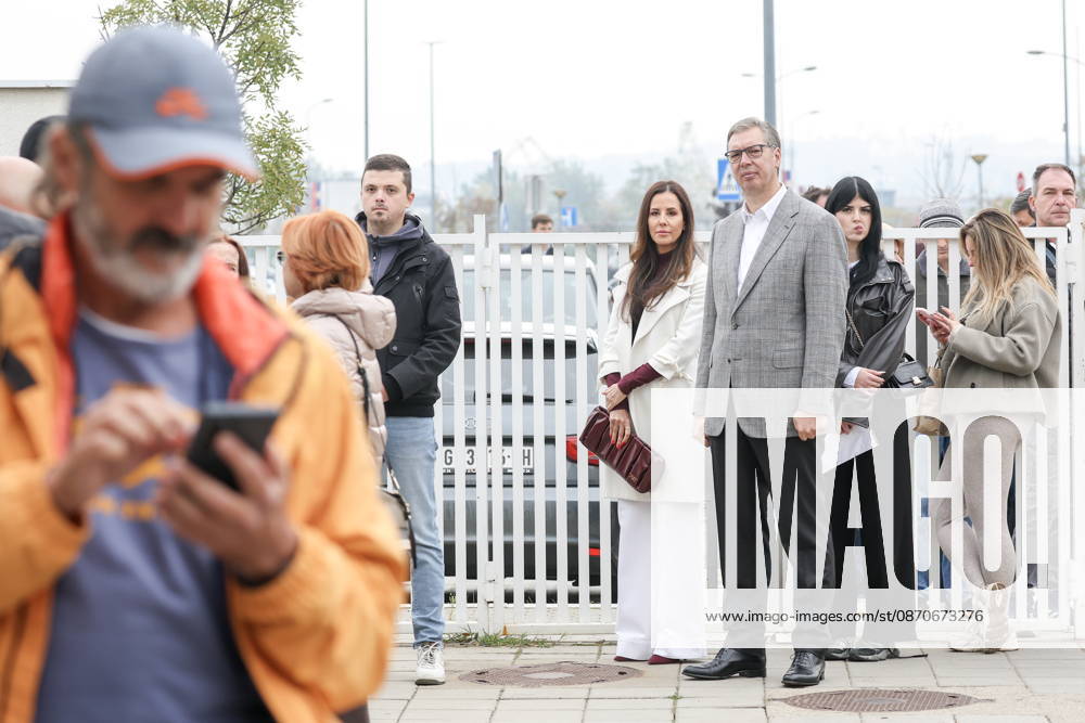SERBIA, BELGRADE - OCTOBER 25, 2026: Former Serbian president Aleksandar Vucic with wife Tamara (C midground) queues at a polling station during the 2026 Serbian parliamentary election. On 25 October, the Serbs went to the polls to elect members of the country s unicameral parliament, Narodna Skupshtina. Alexander Ryumin TASS 99928489