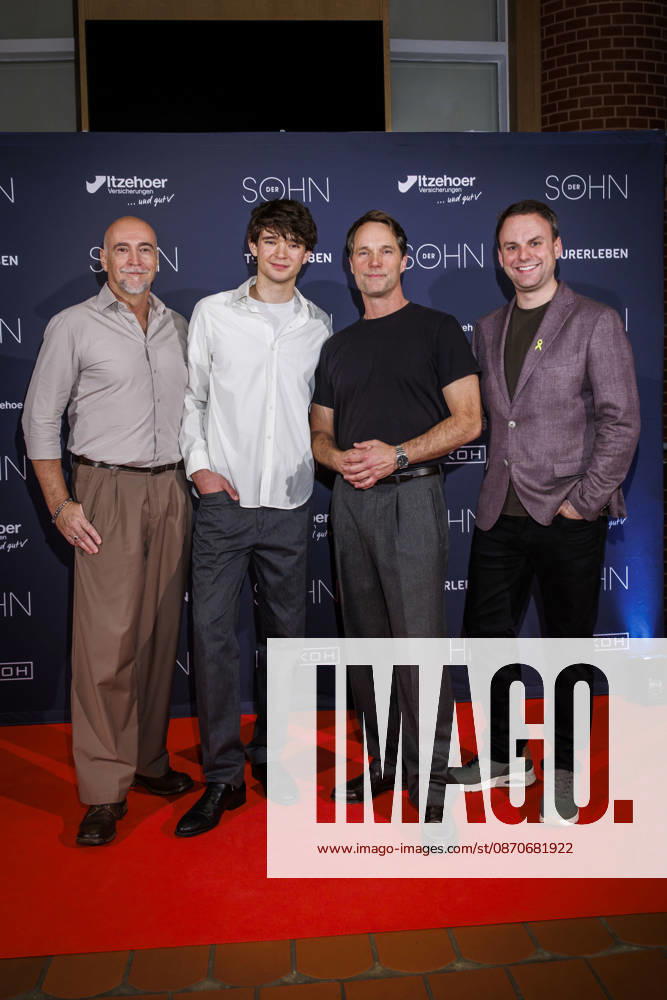 MMM DER SOHN: Director and actor Holger Hauer, actors Quentin Lopes and Matthias Schloo, and producer Philipp Hallenberger on the red carpet at the theater premiere of *Der Sohn* (TOURERLEBEN Theater Production) at the Theater Itzehoe on October 24, 2026, in Schleswig-Holstein, Germany