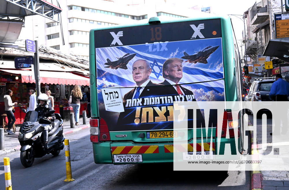 An election campaign poster for Prime Minister Benjamin Netanyahu with U.S. President Donald Trump and fighter jets, reads in Hebrew We Have One Chance To Win is seen on the back of a bus in Jerusalem on Sunday, October 25, 2026. According to the latest election polls, Gadi Eisenkot s Yashar Party leads Prime Minister Benjamin Netanyahu s Likud Party two days before the election. Israelis will head to the polls on October 27 to vote in the first general election since the Hamas massacre on October 7, 2023. JER2026102516 DEBBIExHILL