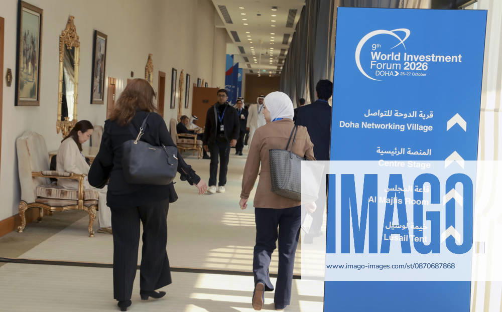 Doha Qatar World Investment Forum Participants walk along a corridor beside signs directing visitors to the World Investment Forum meeting rooms at the Sheraton Convention Center in Doha, Qatar, on October 25, 2026. The ninth World Investment Forum, organized by UN Trade and Development (UNCTAD) and hosted by Qatar from October 25 to 27 under the theme Investing in the Future, brings together government officials, investors and business leaders to discuss international investment, sustainable development and economic resilience. Doha Baladiyat ad Dawhah Qatar