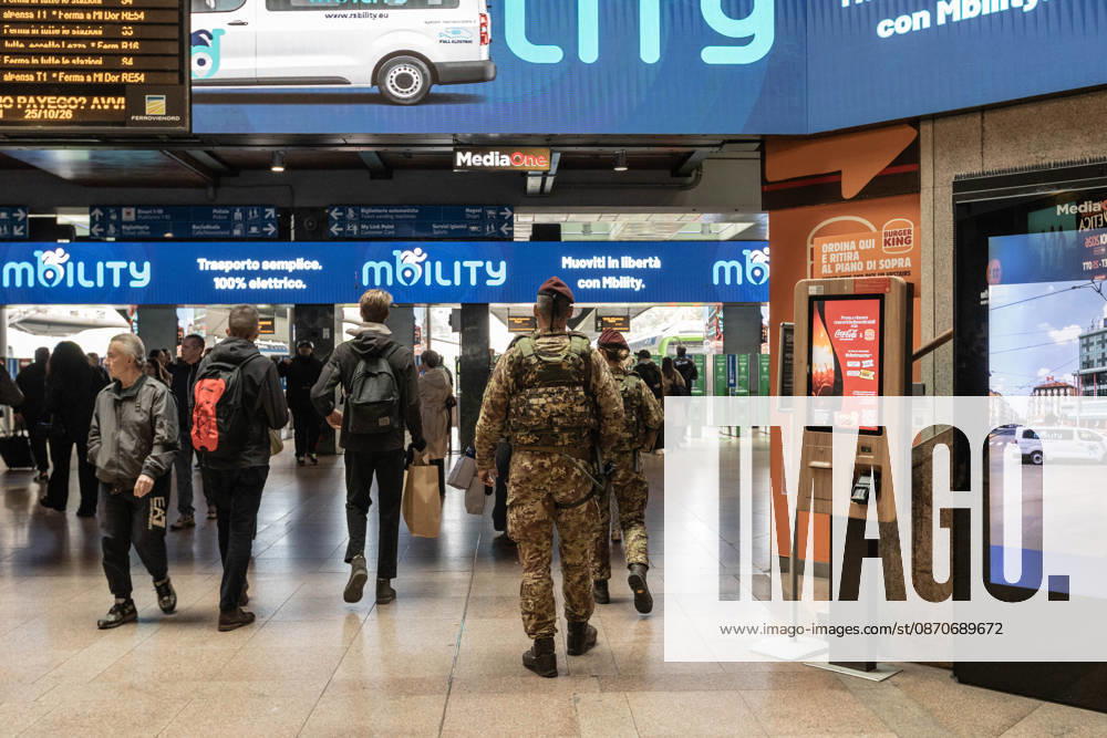 Soldiers from the Folgore Parachute Brigade, an elite unit of the Italian Army, patrol the Milan Cadorna railway station shortly before a potential unauthorized demonstration. The event takes place the weekend following protests against the high cost of living, which escalated into urban guerrilla warfare, resulting in the looting of shops and damage to entire streets. Milan Italy - ZUMAc276 20261025_zip_c276_002