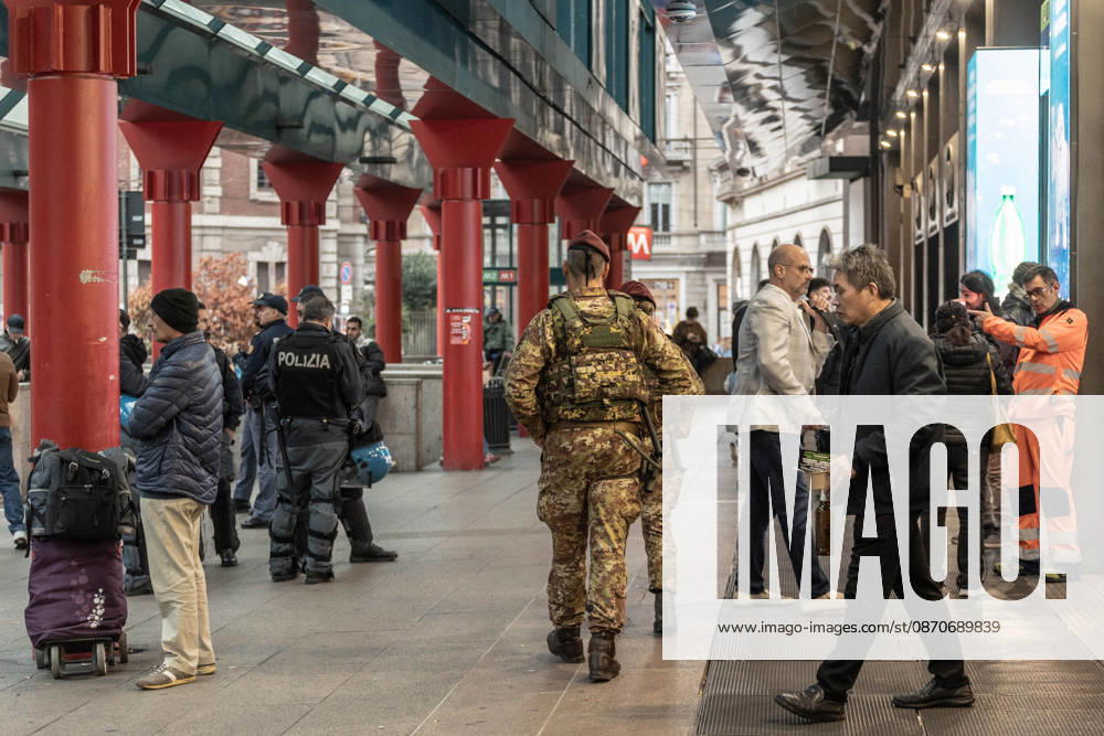 Soldiers from the Folgore Parachute Brigade, an elite unit of the Italian Army, patrol the Milan Cadorna railway station shortly before a potential unauthorized demonstration. The event takes place the weekend following protests against the high cost of living, which escalated into urban guerrilla warfare, resulting in the looting of shops and damage to entire streets. Milan Italy - ZUMAc276 20261025_zip_c276_010