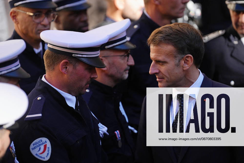President Macron visits Marseille a Week After the Riots - France French President Emmanuel Macron meets with the police force in Marseille, France, Monday, October 26, 2026, during a visit to notice the return of republican order after the violence and looting that punctuated the citizen mobilization of October 17, 2026. Protests by high school students over learning conditions sparked a movement that has since spread nationwide, fuelled by broader anger over the rising cost of living. Photo by Aurelien Morissard Pool ABACAPRESS.COM Marseille France