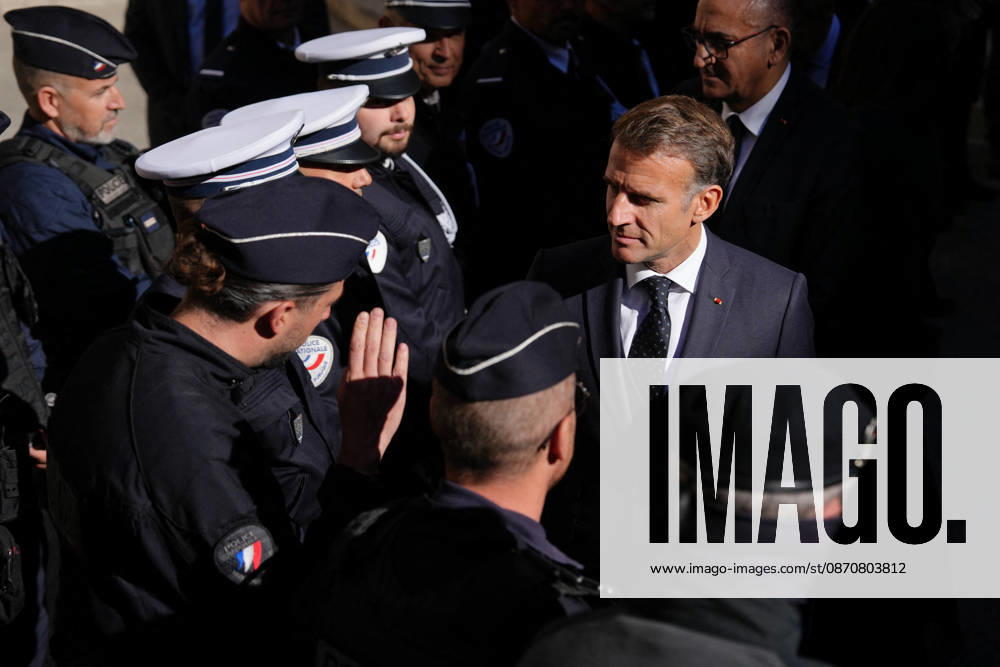 President Macron visits Marseille a Week After the Riots - France French President Emmanuel Macron meets with the police force in Marseille, France, Monday, October 26, 2026, during a visit to notice the return of republican order after the violence and looting that punctuated the citizen mobilization of October 17, 2026. Protests by high school students over learning conditions sparked a movement that has since spread nationwide, fuelled by broader anger over the rising cost of living. Photo by Aurelien Morissard Pool ABACAPRESS.COM Marseille France