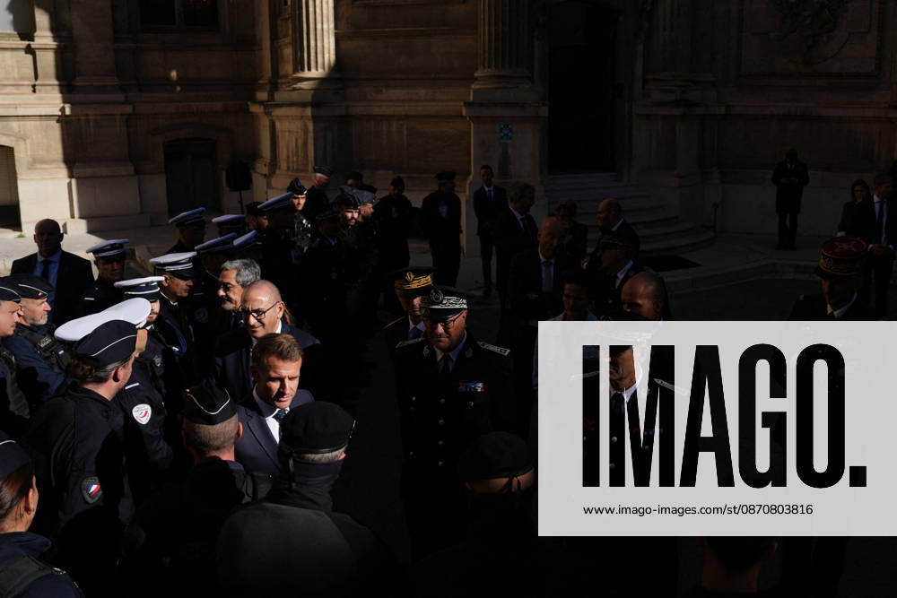 President Macron visits Marseille a Week After the Riots - France French President Emmanuel Macron meets with the police force in Marseille, France, Monday, October 26, 2026, during a visit to notice the return of republican order after the violence and looting that punctuated the citizen mobilization of October 17, 2026. Protests by high school students over learning conditions sparked a movement that has since spread nationwide, fuelled by broader anger over the rising cost of living. Photo by Aurelien Morissard Pool ABACAPRESS.COM Marseille France