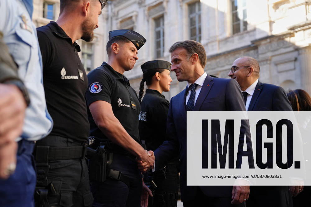 President Macron visits Marseille a Week After the Riots - France French President Emmanuel Macron meets with the police force in Marseille, France, Monday, October 26, 2026, during a visit to notice the return of republican order after the violence and looting that punctuated the citizen mobilization of October 17, 2026. Protests by high school students over learning conditions sparked a movement that has since spread nationwide, fuelled by broader anger over the rising cost of living. Photo by Aurelien Morissard Pool ABACAPRESS.COM Marseille France