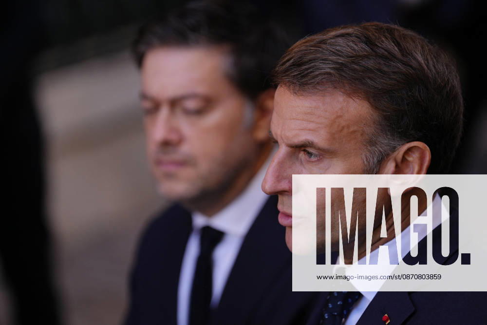 President Macron visits Marseille a Week After the Riots - France French President Emmanuel Macron and Marseille Mayor Benoit Payan address the media in Marseille, France, Monday, October 26, 2026, during a visit to notice the return of republican order after the violence and looting that punctuated the citizen mobilization of October 17, 2026. Protests by high school students over learning conditions sparked a movement that has since spread nationwide, fuelled by broader anger over the rising cost of living. Photo by Aurelien Morissard Pool ABACAPRESS.COM Marseille France