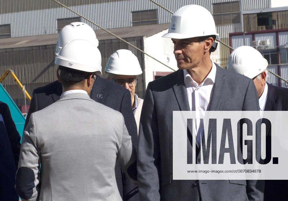 Spain: Pedro Sanchez in Gijon Spanish Prime Minister Pedro Sánchez visits the Armón shipyards in Gijón during the construction of a ferry for Balearia. Gijon Spain