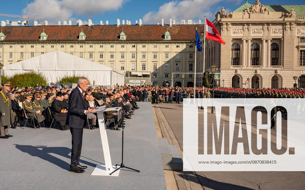 Official celebrations for Austria’s National Day 2026 Oath-taking ceremony during the official celebrations for National Day 2026 at Heldenplatz in Vienna, Austria. Image shows Alexander Sascha Van der Bellen, Federal President of the Republic of Austria, in Vienna at Heldenplatz, Vienna, Austria