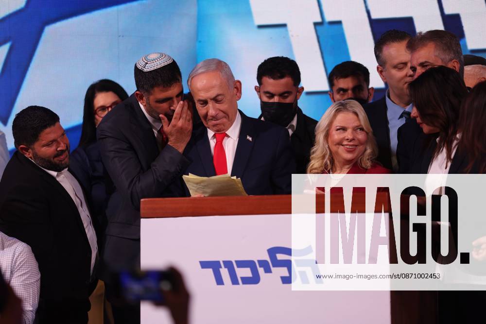 WEST JERUSALEM, OCTOBER 28, 2026: Israeli Prime Minister and Likud party leader Benjamin Netanyahu addresses supporters at the partyâ€⠢s election headquarters in West Jerusalem following the release of exit polls and preliminary results from Israelâ€⠢s parliamentary elections held on October 27. West Jerusalem Israel - ZUMAq101 20261028_zna_q101_023