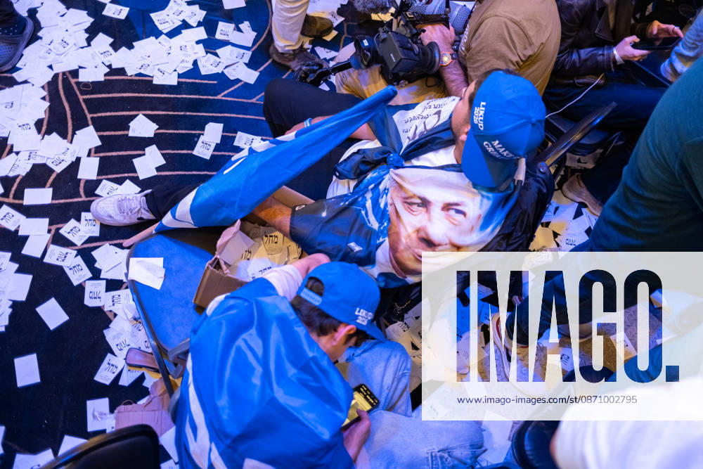 Israel, Jerusalem, October 27–28, 2026: Scenes from the election party of the Likud Party led by incumbent Prime Minister Benjamin Netanyahu. There was a long wait for Bibi to appear; he didn’t take the stage until around 3:15 a.m.