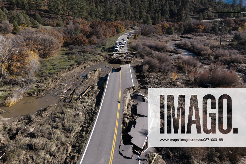 A collapsed section of Colorado 151 as seen on Oct. 27, 2026, between Pagosa Springs and Ignacio. Recent heavy rains have caused severe flooding across southwestern Colorado, forcing evacuations and damaging roads and homes. Pagosa Springs USA - ZUMAc262 20261027_znn_c262_002