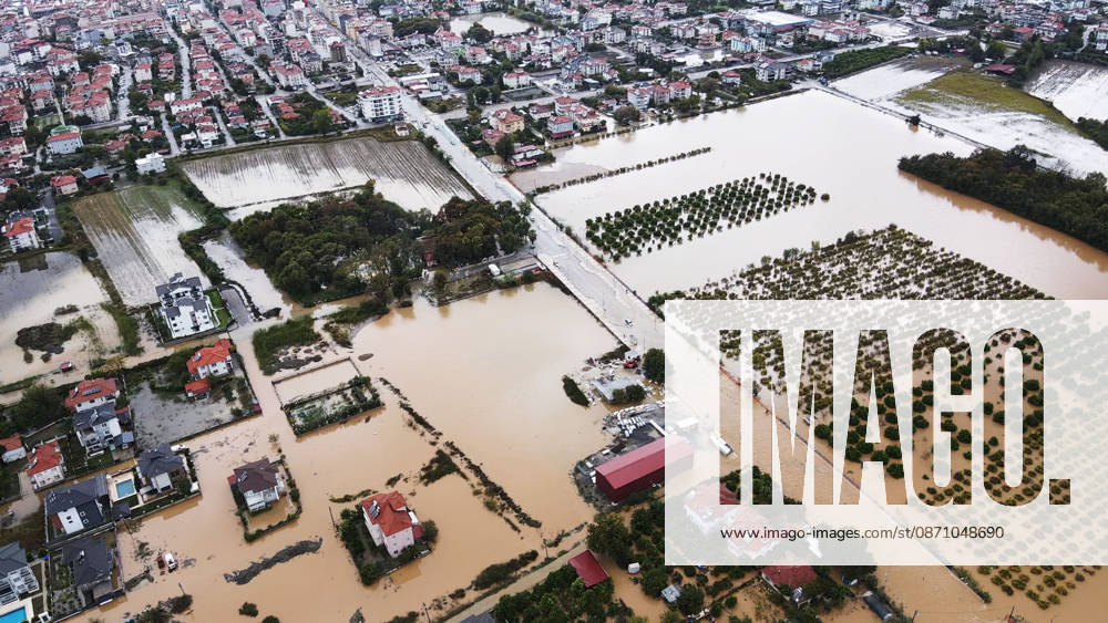 Heavy rainfall causes flooding in Mugla, Turkiye MUGLA, TURKIYE - OCTOBER 28: An aerial view of flooded residential areas and agricultural fields after heavy rainfall caused the Tersakan Stream to overflow in Dalaman district of Mugla, Turkiye, on October 28, 2026. Floodwaters inundated homes, businesses and farmland, while some roads were closed to traffic. Durmus Genc Anadolu Mugla Turkey. Editorial use only. Please get in touch for any other usage.