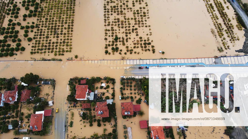 Heavy rainfall causes flooding in Mugla, Turkiye MUGLA, TURKIYE - OCTOBER 28: An aerial view of flooded residential areas and agricultural fields after heavy rainfall caused the Tersakan Stream to overflow in Dalaman district of Mugla, Turkiye, on October 28, 2026. Floodwaters inundated homes, businesses and farmland, while some roads were closed to traffic. Durmus Genc Anadolu Mugla Turkey. Editorial use only. Please get in touch for any other usage.