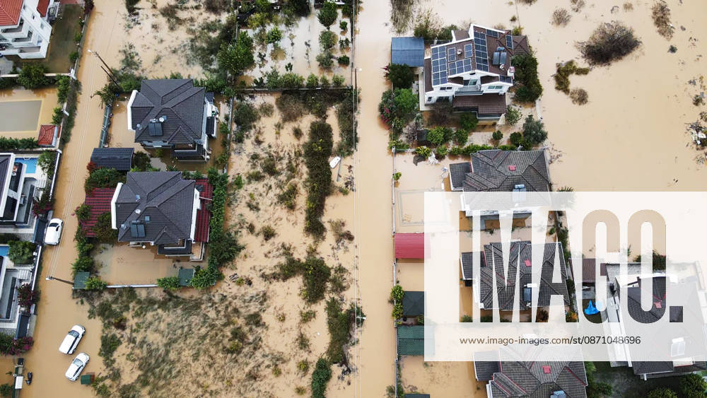 Heavy rainfall causes flooding in Mugla, Turkiye MUGLA, TURKIYE - OCTOBER 28: An aerial view of flooded residential areas and agricultural fields after heavy rainfall caused the Tersakan Stream to overflow in Dalaman district of Mugla, Turkiye, on October 28, 2026. Floodwaters inundated homes, businesses and farmland, while some roads were closed to traffic. Durmus Genc Anadolu Mugla Turkey. Editorial use only. Please get in touch for any other usage.